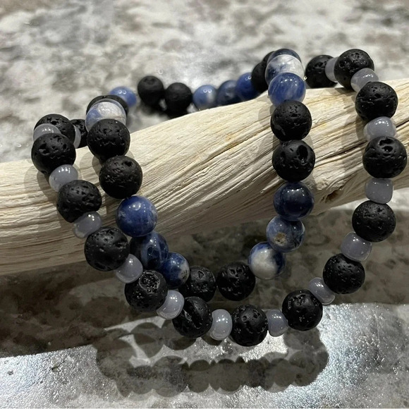 Sodalite & Lava Stone Pair of Handcrafted Bracelets with 6mm Beads - Picture 2 of 4